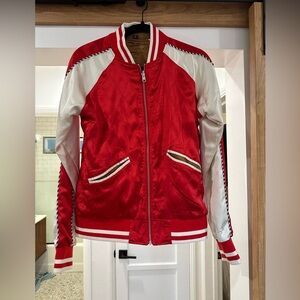 Straight to Hell Stylish Red and White Two Sided Bomber Jacket